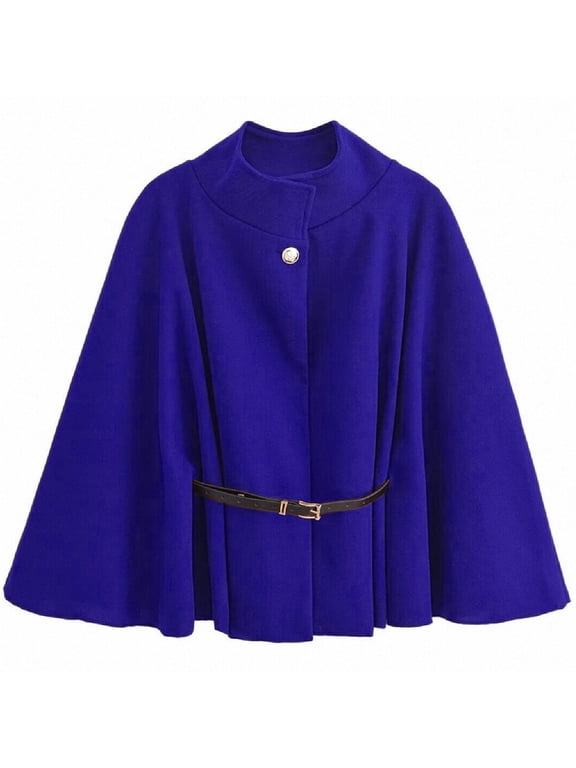Winter Coats for Women Elegant Stand Collar Wool Blend Batwing Poncho Cape Jacket Outerwear with Belt Dark Blue L