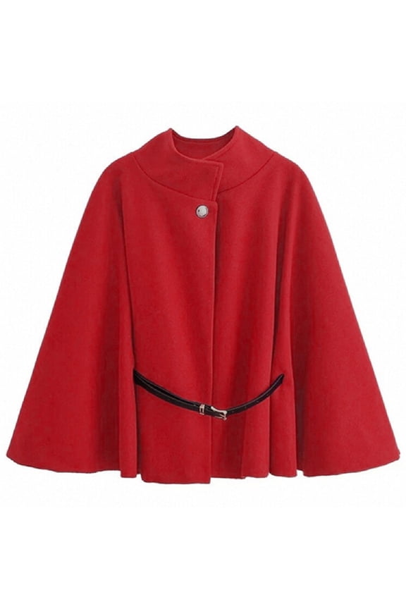 Winter Coats for Women Elegant Stand Collar Wool Blend Batwing Poncho Cape Jacket Outerwear with Belt Red M