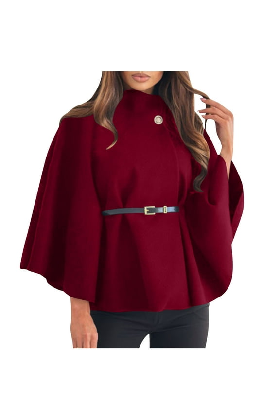 Winter Coats for Women Elegant Stand Collar Wool Blend Batwing Poncho Cape Jacket Outerwear with Belt Wine XL