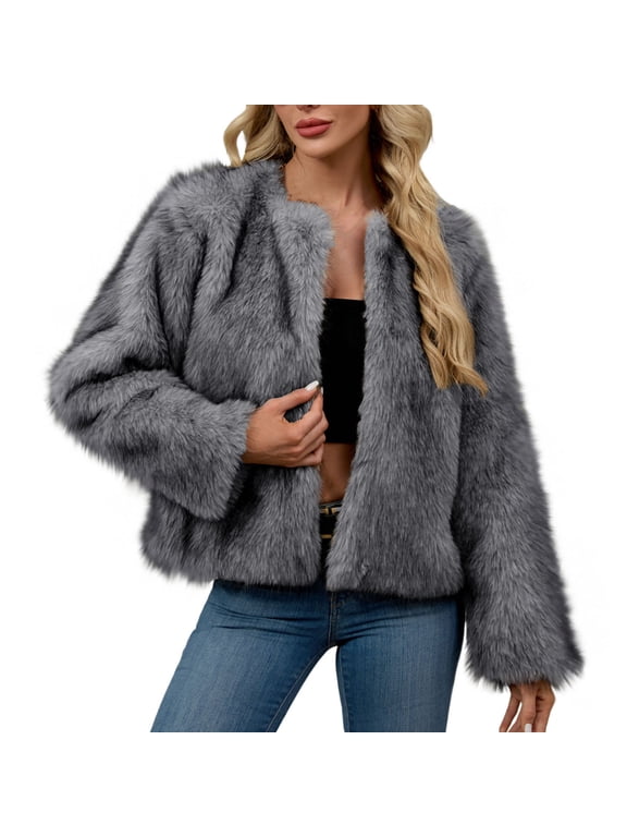 Winter Coats for Women Open Front Faux Fur Jackets Long Sleeve Fleece Cropped Jacket Shaggy Cozy Warm Outerwear Gray S