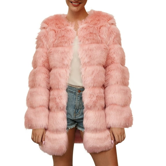 Olyvenn Winter Coats for Women Plus Size Faux Fur Coat Fleece Open Front Cardigan Warm Fuzzy Jacket Casual Overcoat Pink XL