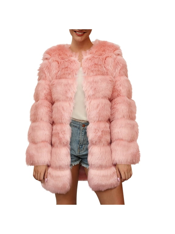 Winter Coats for Women Plus Size Faux Fur Coat Fleece Open Front Cardigan Warm Fuzzy Jacket Casual Overcoat Pink XXXL