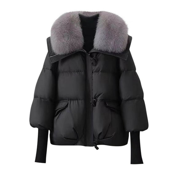 Olyvenn Winter Coats for Women with Faux Fur Hood Thicken Warm Puffer Jackets Trendy Full Zip Down Coat Outerwear 2025 Black L