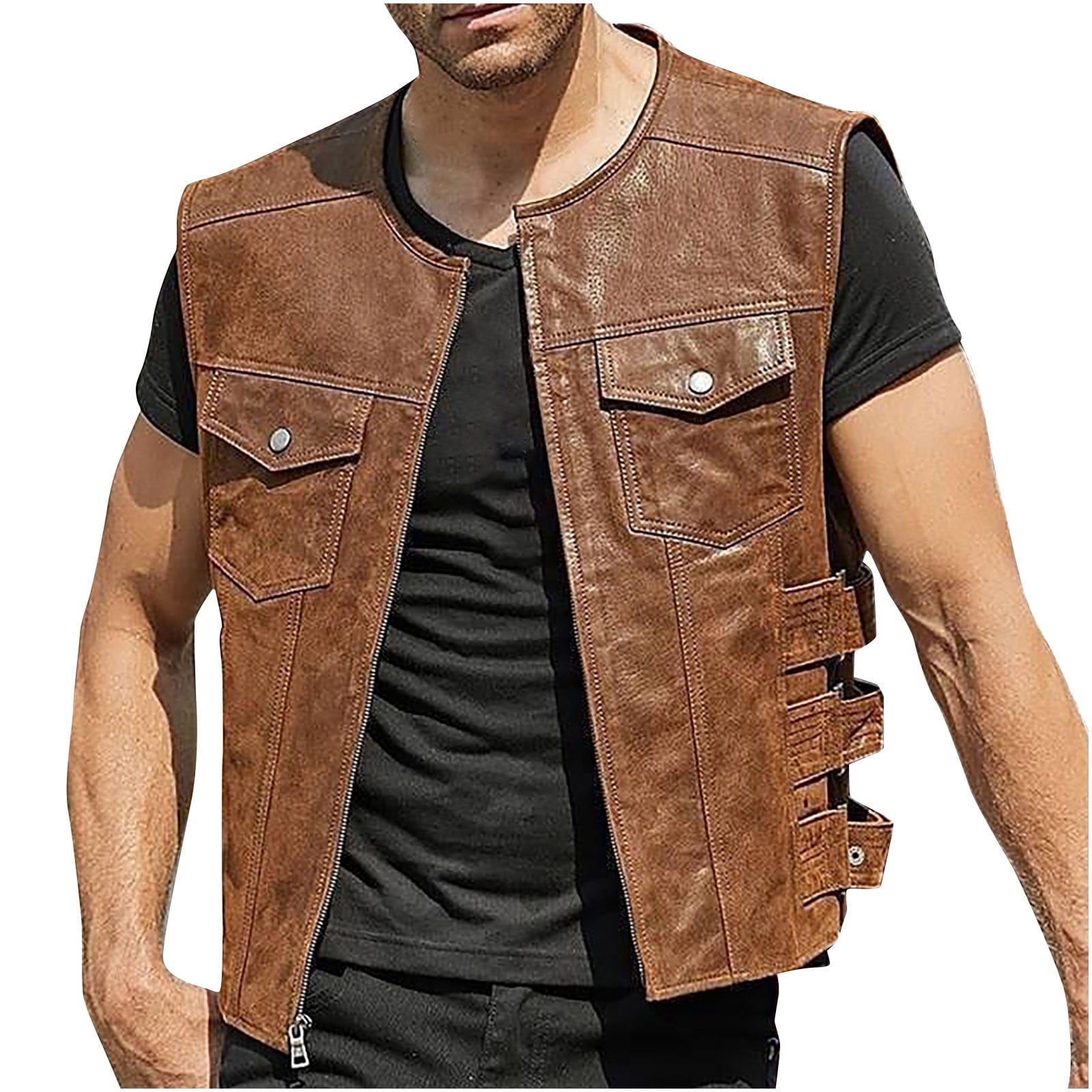 トップス Brook Big Pocket Nylon Vest brown Men's Cowhide Brandy Laced Classic Motorcycle Vest - Fox