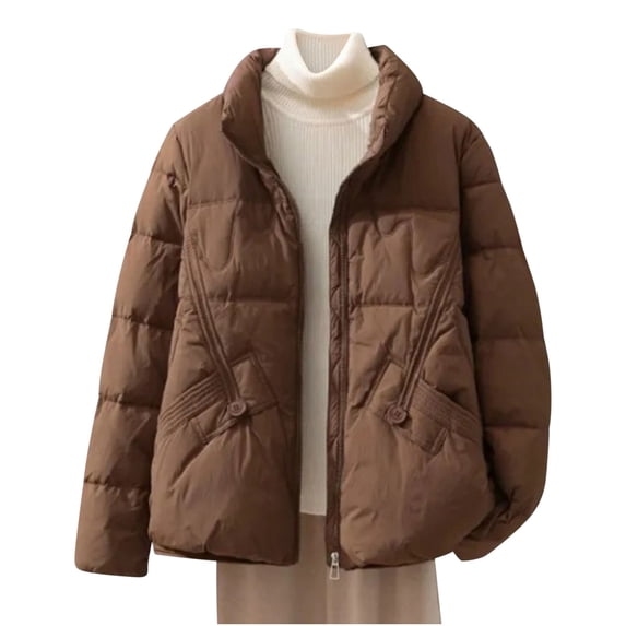 Olyvenn Winter Fashion Solid Comfy Down Coat Women Short Puffer Jacket Zip up Loose Casual Warm Light Parkas Coffee S
