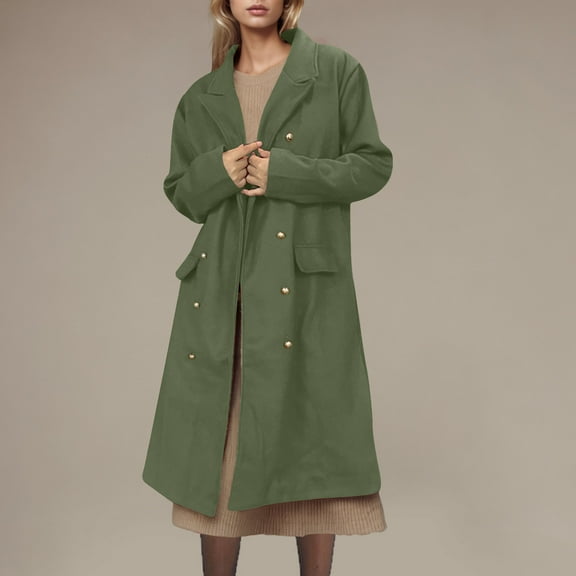 Olyvenn Winter Long Blazer Coat for Women Double Breasted Lapel Long Sleeve Trench Coat Business Overcoat with Pocket Green S