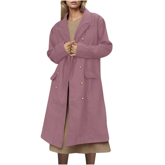 Olyvenn Winter Long Blazer Coat for Women Double Breasted Lapel Long Sleeve Trench Coat Business Overcoat with Pocket Pink L