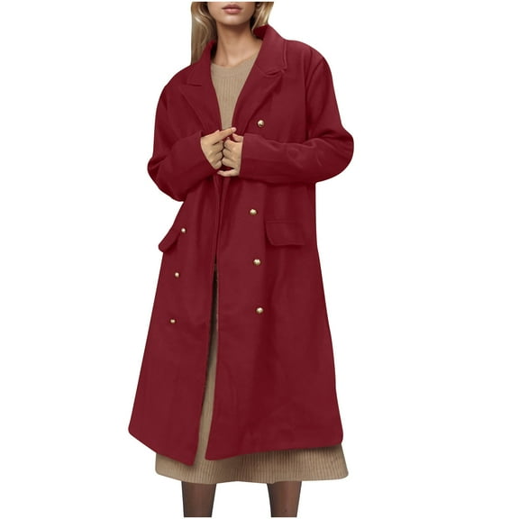 Olyvenn Winter Long Blazer Coat for Women Double Breasted Lapel Long Sleeve Trench Coat Business Overcoat with Pocket Red XL