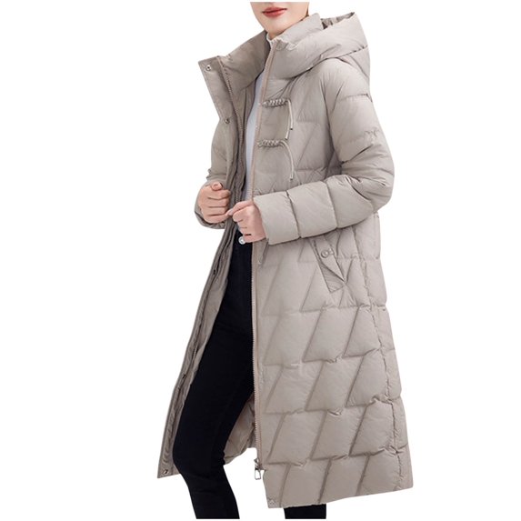Olyvenn Winter Long Puffer Jacket for Women,Thickened Winter Zipper Coat Hooded with Deep Pockets, Ladies Warm Down Jacket Beige M