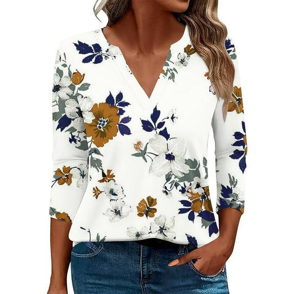 Olyvenn Winter Fashion Fall 3/4 Length Sleeve Womens Tops Button Down V Neck Shirts Henley Blouses Dressy Floral Print Casual Clothes Brown 4