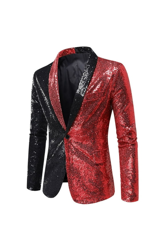 Winter Warm Men's Color Matching Sequin Suit One Button Dress Performance Suit Long Sleeved Lapel Collar Suit Jacket Coat Blazers Formal Business Office Work Suit Jacket Red 4