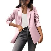 Olyvenn Woman Fashion Long Sleeves Solid Color Suit Comfortable Loose Tops Long Coat Blouse Work Office Jacket Suit Business Hoodless Scuba Blazer Pink 14