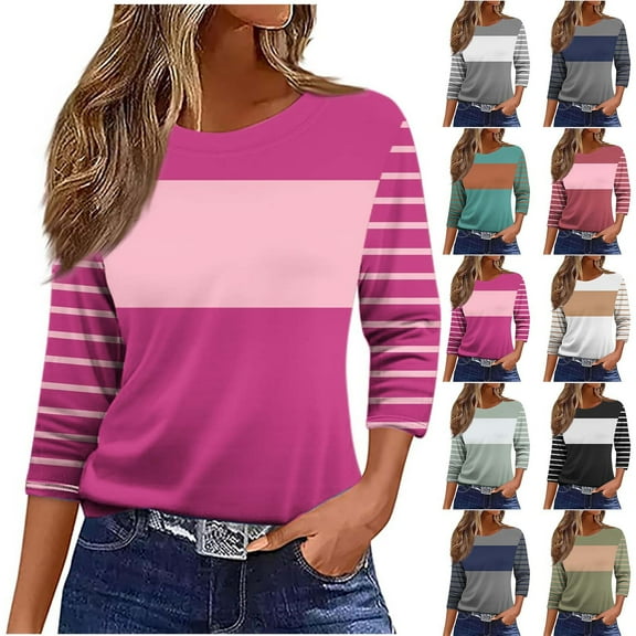 Olyvenn Women 3/4 Sleeve T-Shirts Crew Neck Cute Tunic Tops Striped Basic Tees Half Sleeve Blouses Casual Loose Fit Pullover Army Green L