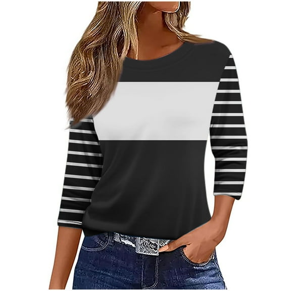 Olyvenn Women 3/4 Sleeve T-Shirts Crew Neck Cute Tunic Tops Striped Basic Tees Half Sleeve Blouses Casual Loose Fit Pullover Black M