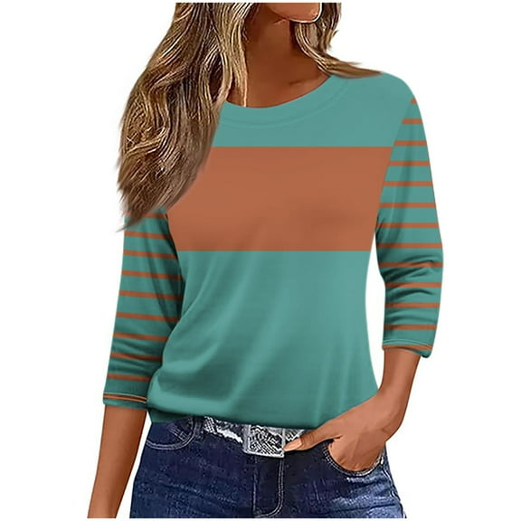 Olyvenn Women 3/4 Sleeve T-Shirts Crew Neck Cute Tunic Tops Striped Basic Tees Half Sleeve Blouses Casual Loose Fit Pullover Green M