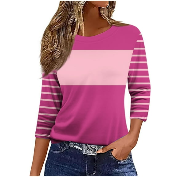 Olyvenn Women 3/4 Sleeve T-Shirts Crew Neck Cute Tunic Tops Striped Basic Tees Half Sleeve Blouses Casual Loose Fit Pullover Hot Pink L