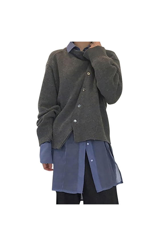 Women Autumn Winter Turtleneck Asymmetrical Hem Loose Long Sleeve Button Up Knitted Sweater Pullover Jumper Tops Gray 4