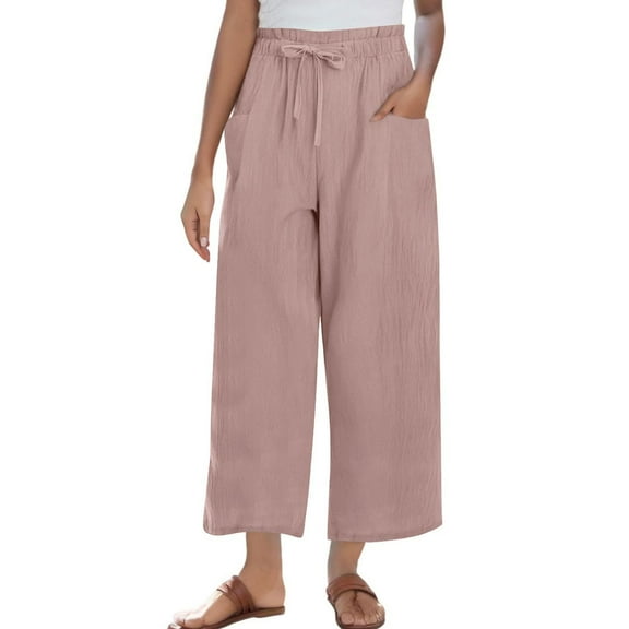 Olyvenn Women Basic Cotton Linen Wide Leg Pants Summer Casual Loose Fit Vacation Trousers Elastic High Waist Lounge Pant with Pockets Pink XXL