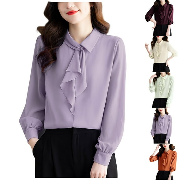 Olyvenn Women Bow Neck Chiffon Blouse Long Sleeve Chiffon Solid Tops Elegant Ladies Solid Color OL Style Tops Women Casual Shirts Green XXL