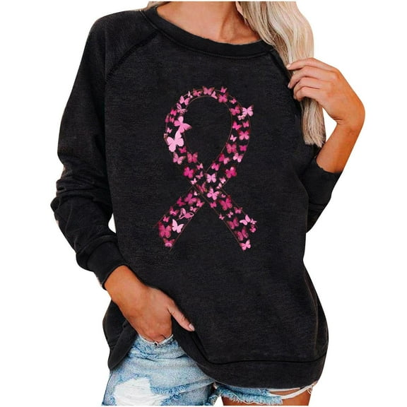 Olyvenn Women Breast Cancer Sweatshirt Pink Ribbon Sweater Cancer Awareness Long Sleeve Casual Fall Crewneck Pullover Black S
