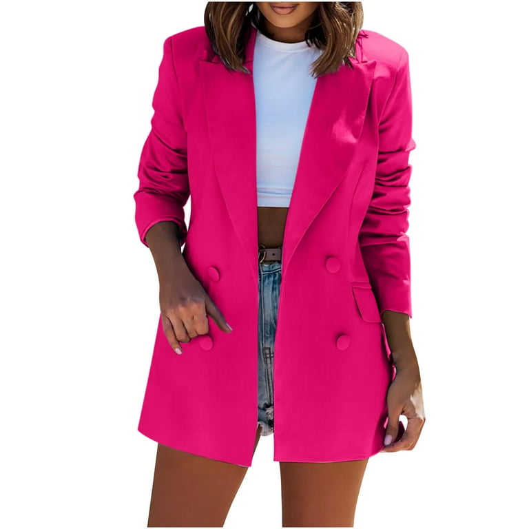 Plus Size Women's Hot Pink Blazer Casual Business Blazers Long Sleeve Open  Front Cropped Cardigans Work Office Buttons Jacket