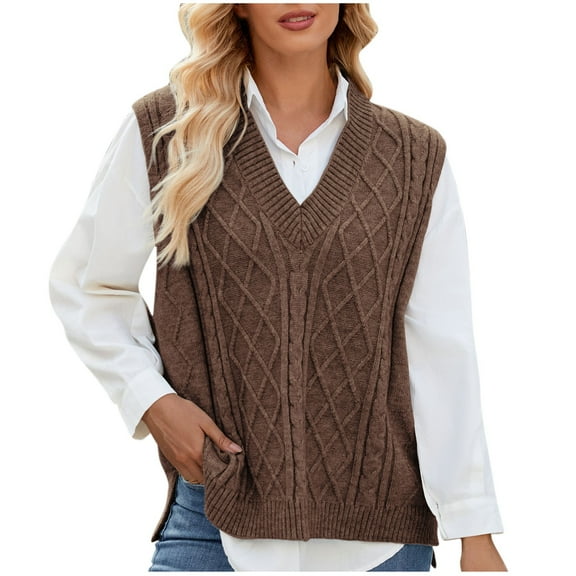 Olyvenn Women Cable Knit Casual Sweater Vest, Sleeveless V-Neck Side Split Loose Veset Fashion Comfy Going Out Tank Tops Brown S
