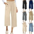thumbnail image 1 of Olyvenn Women Capris for Summer Linen High Waisted Elastic Waist Capris Straight Leg Loose Pants Trendy Summer Clothing Beige M, 1 of 5