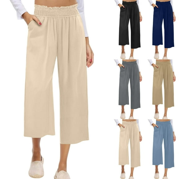 Olyvenn Women Capris for Summer Linen High Waisted Elastic Waist Capris Straight Leg Loose Pants Trendy Summer Clothing Beige M