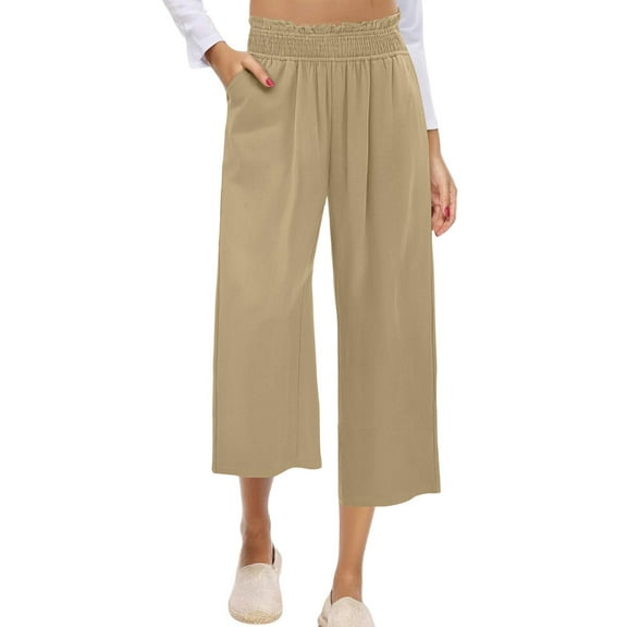 Olyvenn Women Capris for Summer Linen High Waisted Elastic Waist Capris Straight Leg Loose Pants Trendy Summer Clothing Khaki L