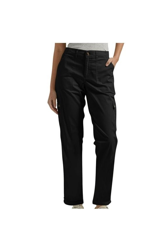 Women Cargo Pant Casual Stretch Elastic Waist Flat Front Straight Leg Long Pants Winter Spring Cuffed Hem Work Trousers Black 8