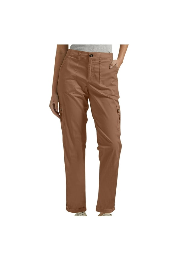 Women Cargo Pant Casual Stretch Elastic Waist Flat Front Straight Leg Long Pants Winter Spring Cuffed Hem Work Trousers Brown 8