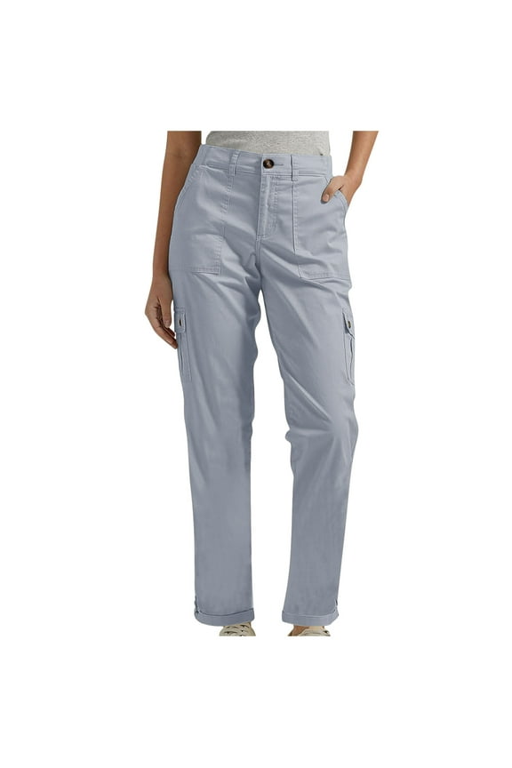 Women Cargo Pant Casual Stretch Elastic Waist Flat Front Straight Leg Long Pants Winter Spring Cuffed Hem Work Trousers Light Blue 4