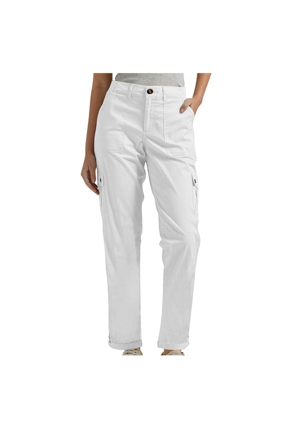 Women Cargo Pant Casual Stretch Elastic Waist Flat Front Straight Leg Long Pants Winter Spring Cuffed Hem Work Trousers White 6