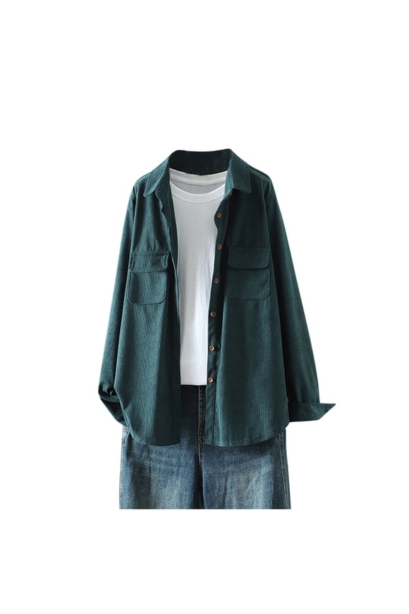 Women Casual Corduroy Jacket Soft Warm Cropped Shacket Coat Long Sleeve Button Down Short Jackets Fall Outerwear Green XL