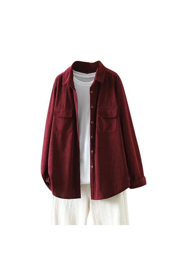 Women Casual Corduroy Jacket Soft Warm Cropped Shacket Coat Long Sleeve Button Down Short Jackets Fall Outerwear Wine XXL