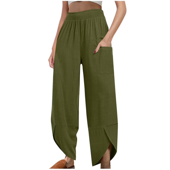 Olyvenn Women Casual High Waisted Wide Leg Baggy Capri Pants Travel Vacation Beach Trousers with Pockets 2025 Trendy Army Green 8