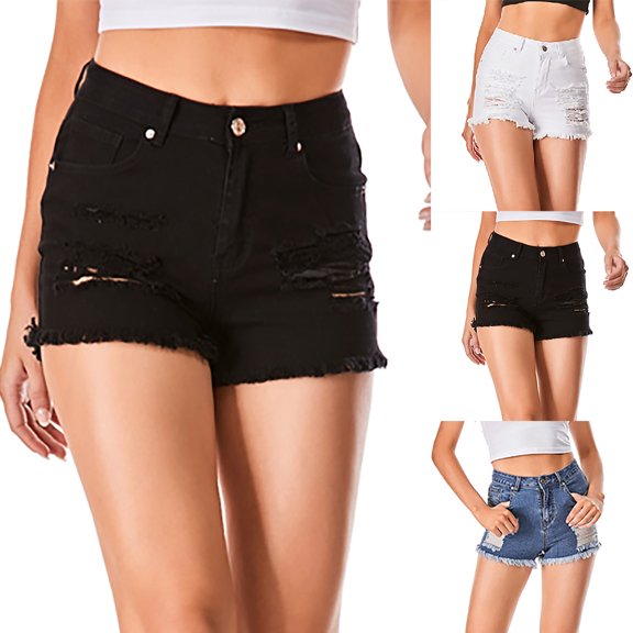 Olyvenn Women Casual Summer Jeans Shorts With Holes In Tassels And Solid Stretch Denim Pants Blue Trousers Trendy Shorts for Women 2023 Black 12