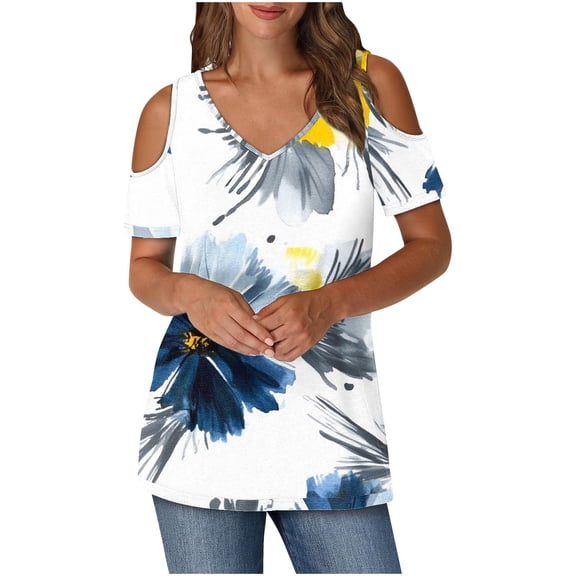 Olyvenn Women Cold Shoulder Tops Summer Short Sleeve Shirt Scoop Neck Tee Casual Loose Fitting Blouse Trendy Tee Shirt Navy S