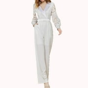Olyvenn Women Comfortable Casual Long Sleeve Turndown Collar Blouse Belt Zipper Pocket Solid Color Rompers Jumpsuit for Women Trendy 2023 White 6