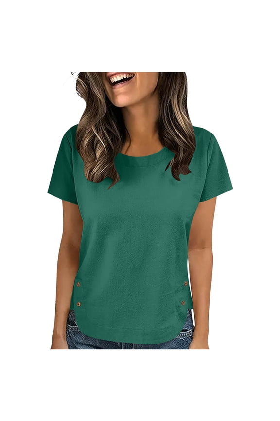 Women Cotton Linen Crew Neck Short Sleeve Tunic, Side Slit Buttons Tee Shirts Tops Loose Fit, Linen Blouse for Women Army Green S