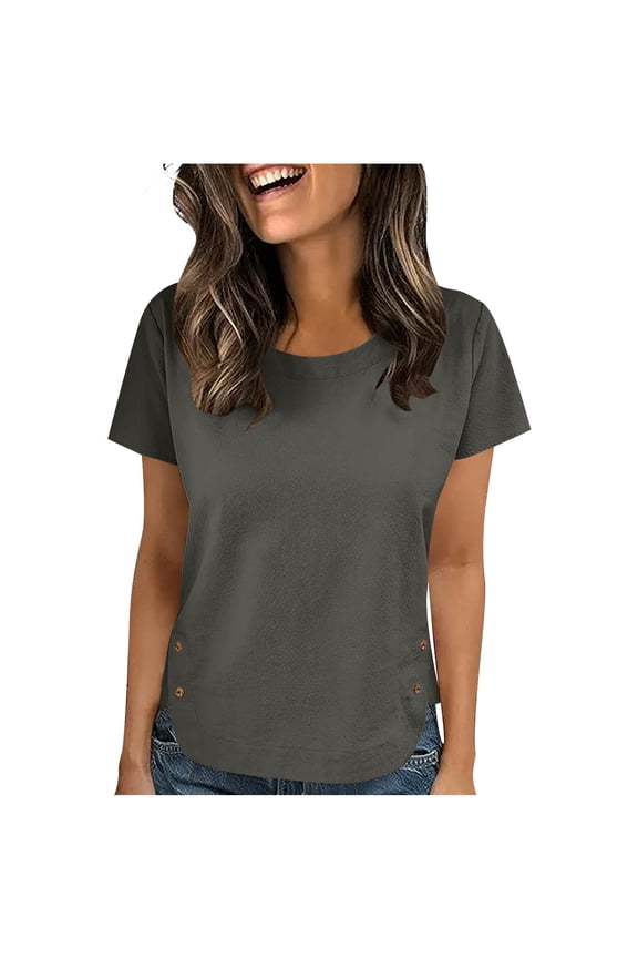 Women Cotton Linen Crew Neck Short Sleeve Tunic, Side Slit Buttons Tee Shirts Tops Loose Fit, Linen Blouse for Women Gray S