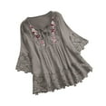 thumbnail image 1 of Olyvenn Women Cotton Linen Embroidered Tops Loose Fit Tunic 3/4 Sleeve Summer Blouse Shirts Boho Peasant Trendy Clothes 2025 Gray XXXXXL, 1 of 8