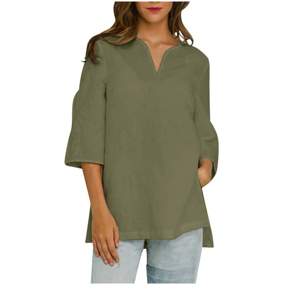 Olyvenn Women Cotton Linen Summer Shirts V Neck Short Sleeve Top Solid Color Side Slit Casual Summer Blouse for Fall Army Green XXL