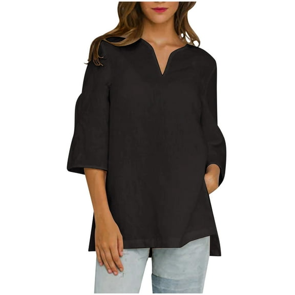 Olyvenn Women Cotton Linen Summer Shirts V Neck Short Sleeve Top Solid Color Side Slit Casual Summer Blouse for Fall Black S