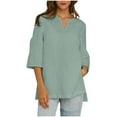 thumbnail image 1 of Olyvenn Women Cotton Linen Summer Shirts V Neck Short Sleeve Top Solid Color Side Slit Casual Summer Blouse for Fall Green S, 1 of 9