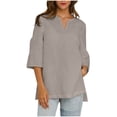 thumbnail image 1 of Olyvenn Women Cotton Linen Summer Shirts V Neck Short Sleeve Top Solid Color Side Slit Casual Summer Blouse for Fall Khaki XXL, 1 of 9