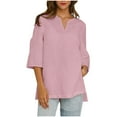 thumbnail image 1 of Olyvenn Women Cotton Linen Summer Shirts V Neck Short Sleeve Top Solid Color Side Slit Casual Summer Blouse for Fall Pink XXL, 1 of 9