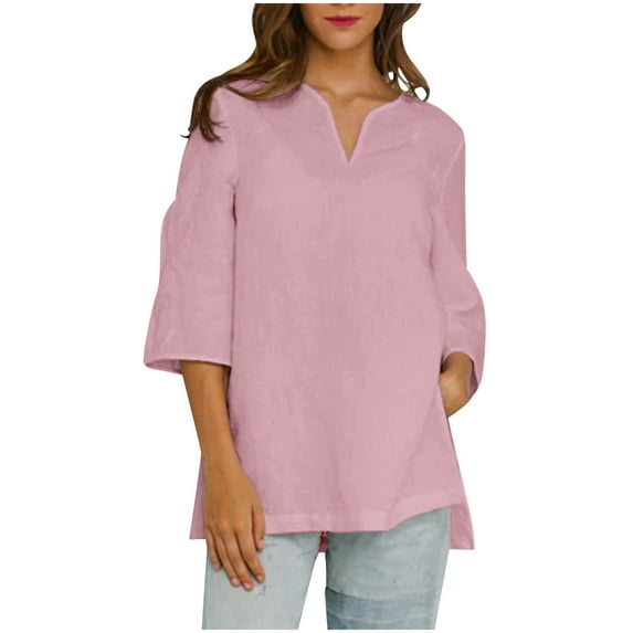 Olyvenn Women Cotton Linen Summer Shirts V Neck Short Sleeve Top Solid Color Side Slit Casual Summer Blouse for Fall Pink XXL