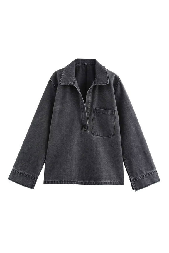 Women Denim Pullover Shirt Collared Vintage Long Sleeve Lapel Side Open Bent Pocket Casual Shirts Top Black L
