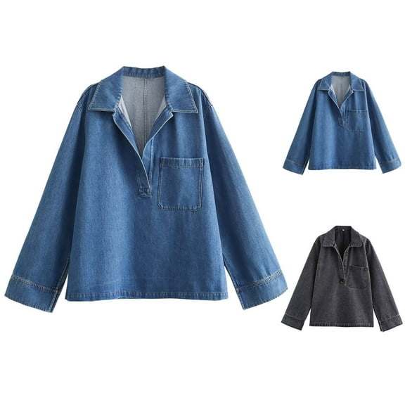 Olyvenn Women Denim Pullover Shirt Collared Vintage Long Sleeve Lapel Side Open Bent Pocket Casual Shirts Top Black XS